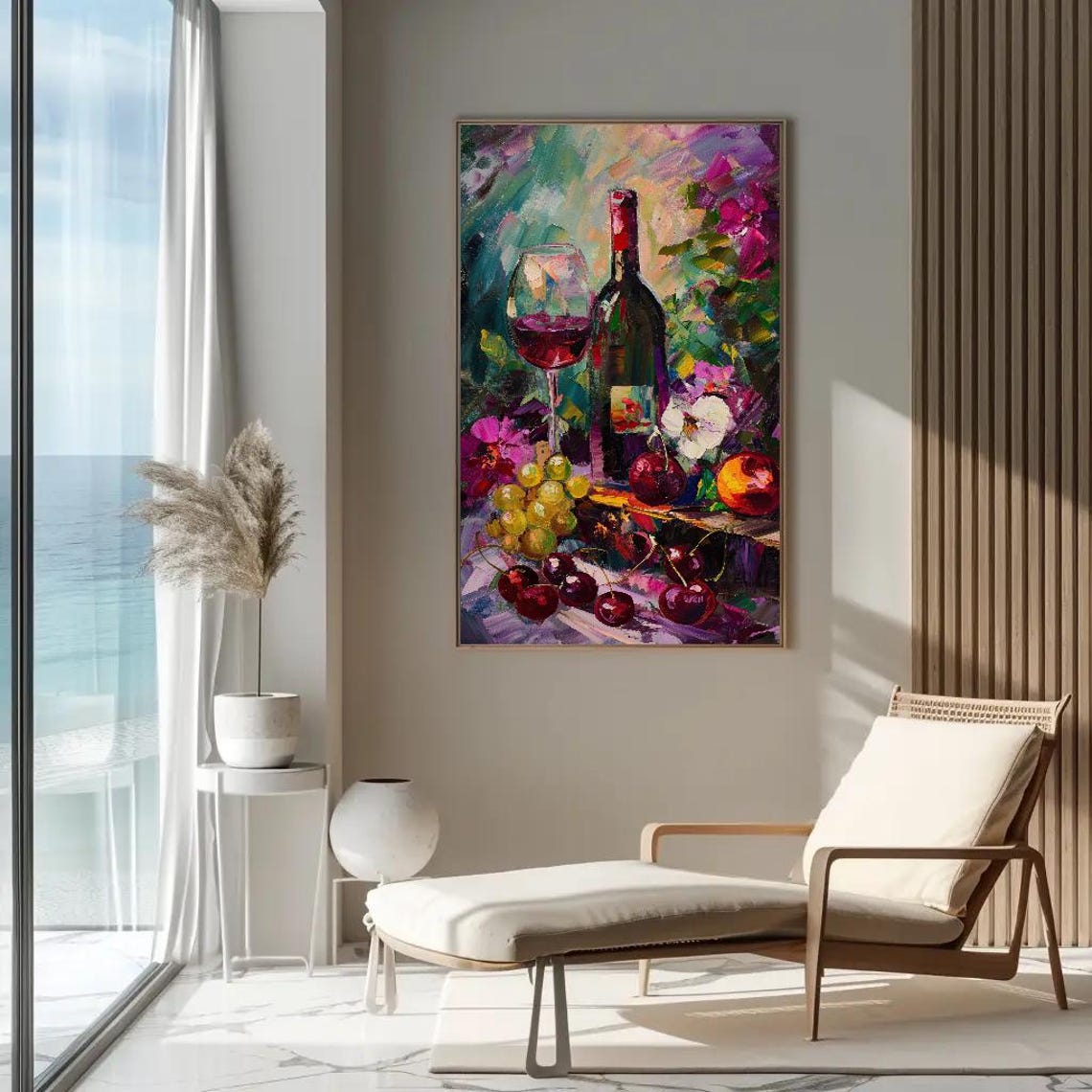 Red Wine Bottle Grapes Cherries Bold Impasto Still Life Dining Poster - Image 3