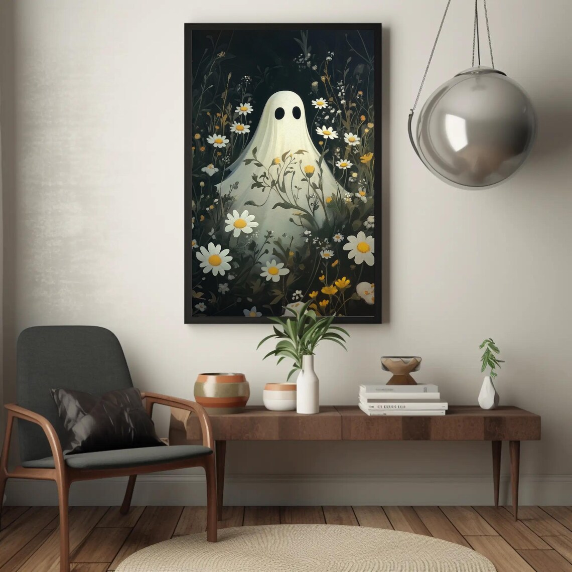 Cute Ghost Daisy Wildflower Field Dark Whimsical Spooky Halloween Poster - Image 3