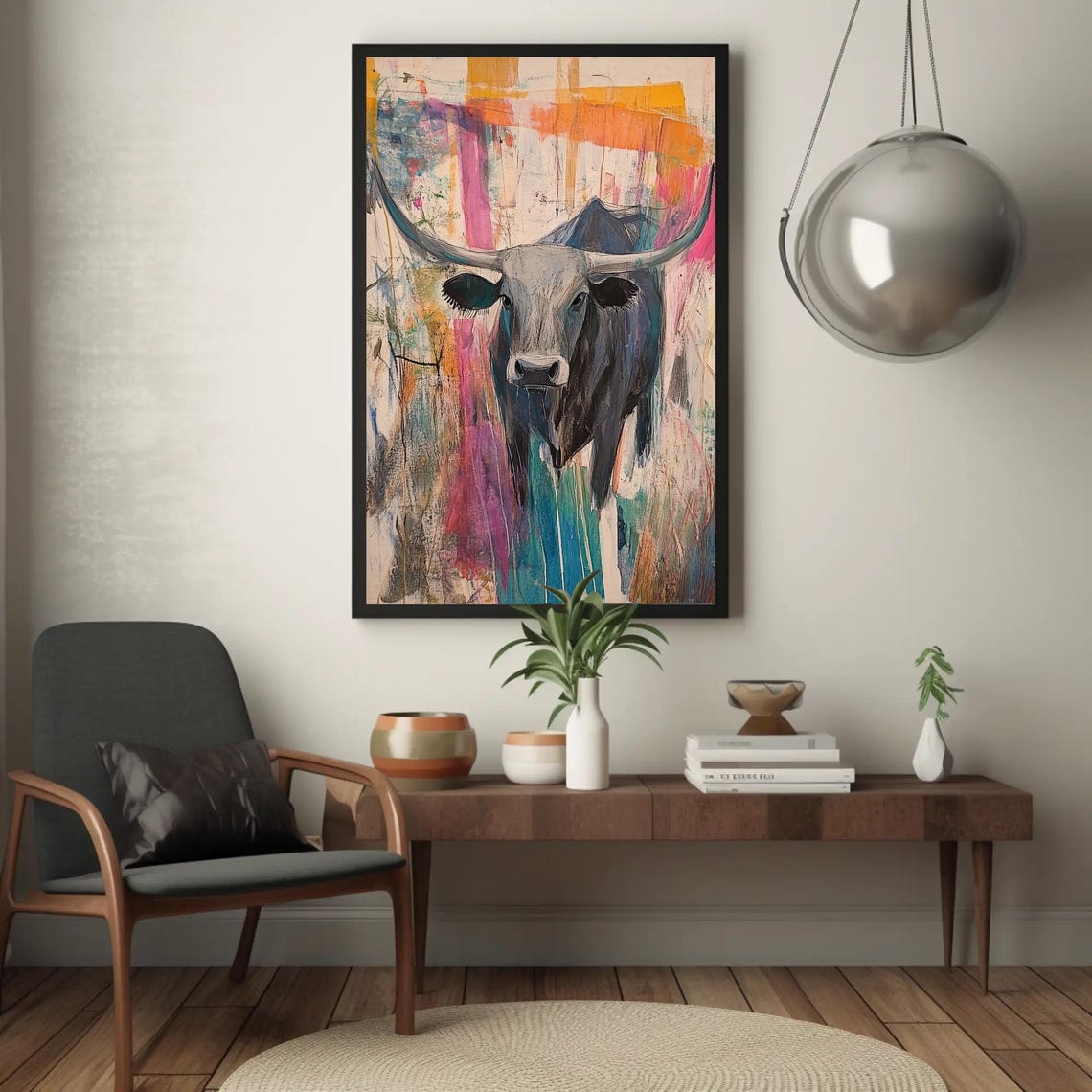 Bold Abstract Longhorn Bull In Bright Colorful Paint Drips Poster - Image 3