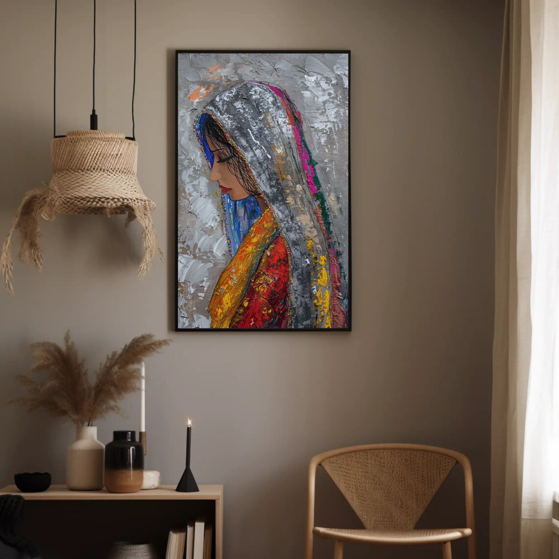 Veiled Woman Palette Knife Portrait Poster in Gray and Bright Colors - Image 3