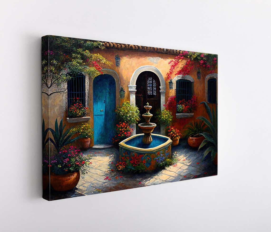 Mexican Courtyard Fountain Blue Door Bougainvillea Garden Art Poster - Image 5