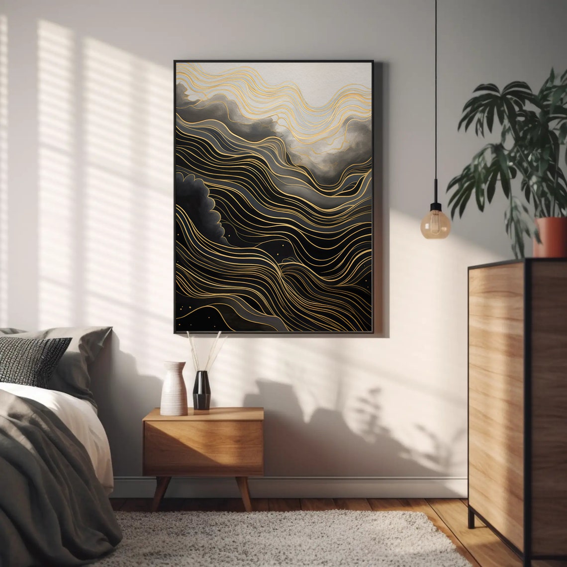Bold Black and Gold Wavy Lines Modern Abstract Wall Decor Poster - Image 4