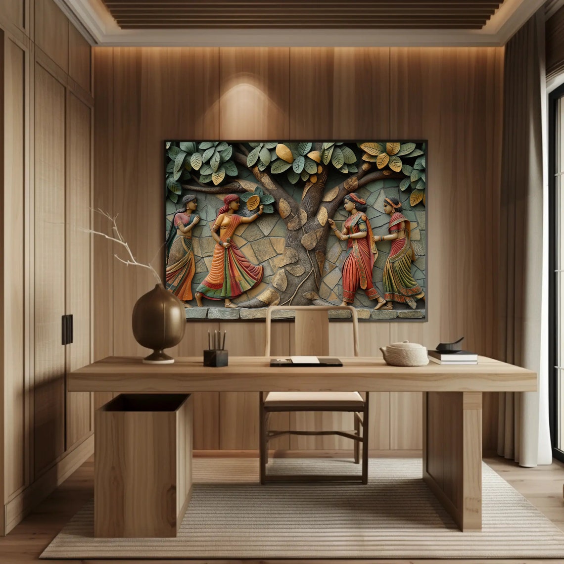 Four Indian Women Under the Old Tree 3D Relief Sculpture Poster - Image 3