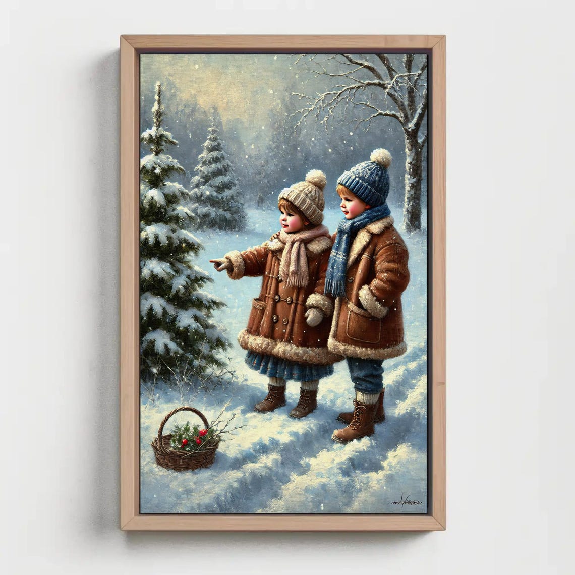 Two Warmly Dressed Children In A Snowy Winter Forest Scene Poster - Image 2