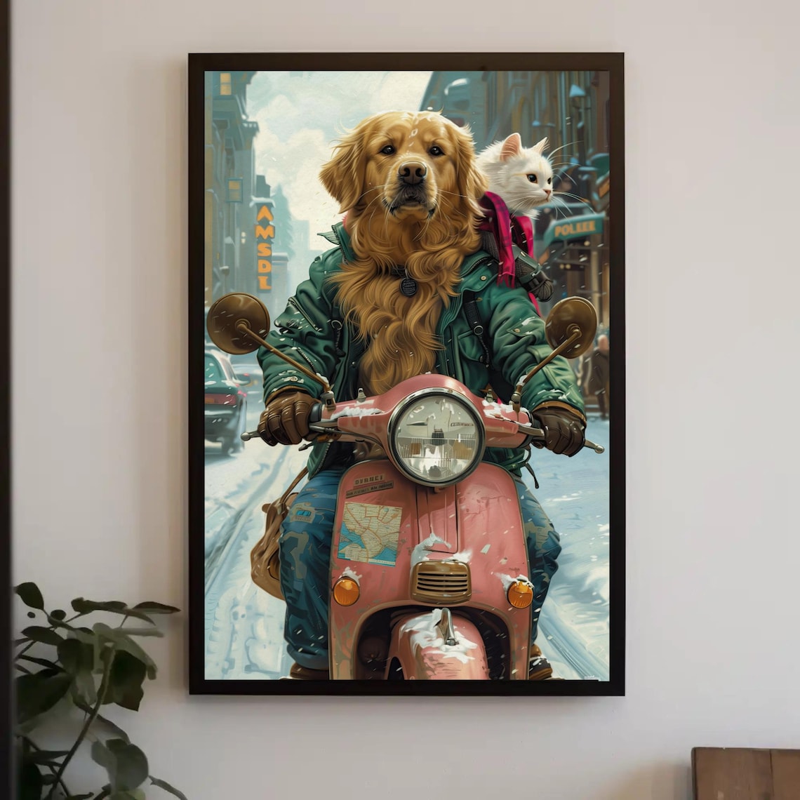 Golden Retriever Riding Pink Scooter Snow Cat Funny Animal Poster