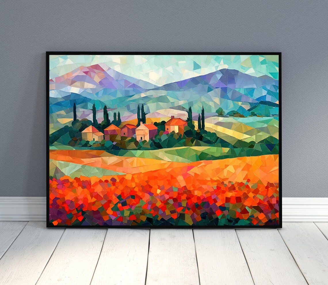 Tuscan Countryside Geometric Mosaic Farmhouses Mountains Art Print - Image 3