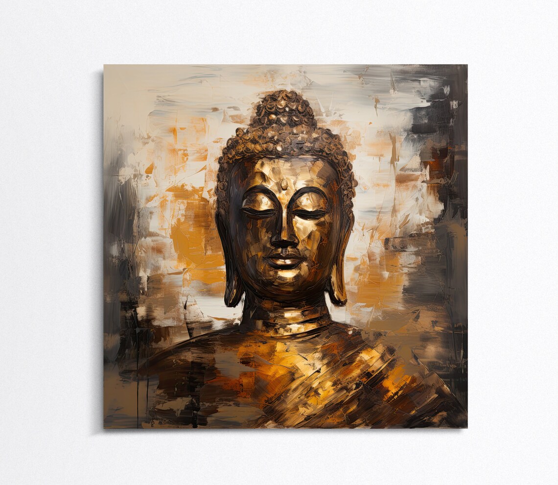 Bronze Buddha Face Close Up in Golden Calm Oil Painting Poster - Image 4