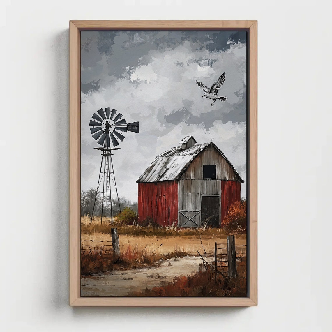 Red Barn Windmill and Seagull Rustic Farm Landscape Poster Moody Sky