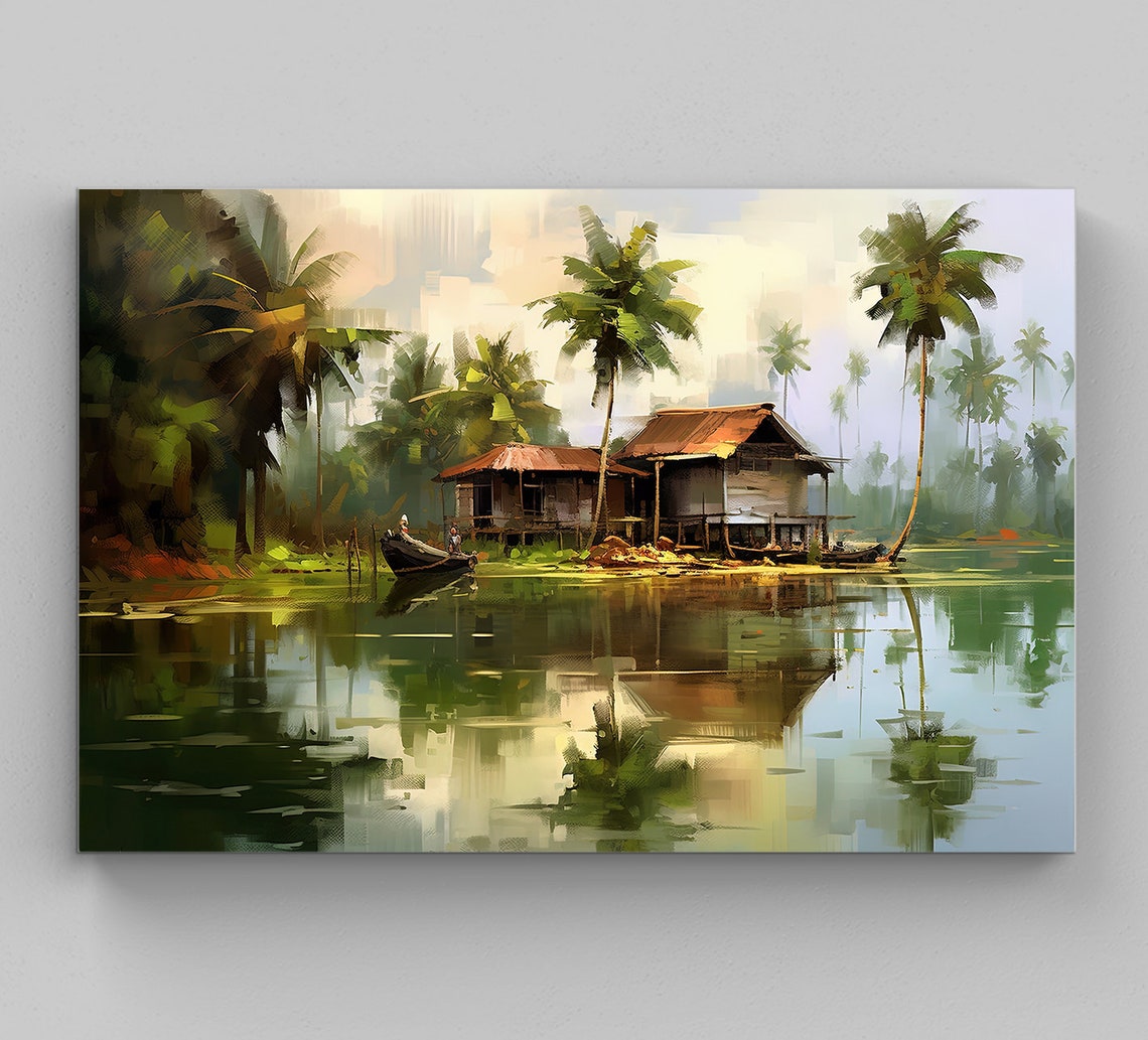Kerala Backwater Stilt House With Coconut Palms and Canoe Poster