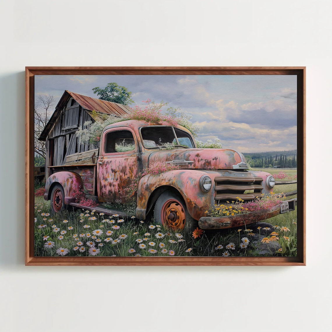 Rusty Vintage Pink Pickup Truck with Wildflowers Farm Scene Art Poster