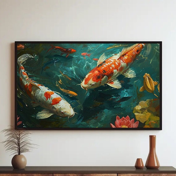 Lake House Decor Koi Fish In A Pond Painting Wall Art Housewarming Decor Koi Fish Wall Art Framed Unframed Ready To Hang