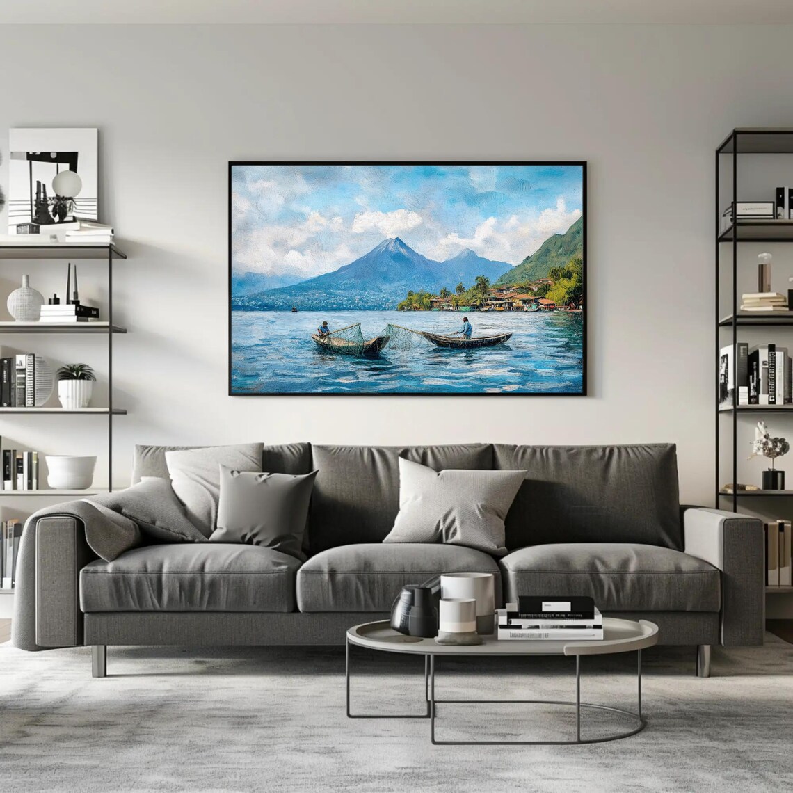 Guatemalan Fishermen On Lake Atitln Print Scenic Guatemala Landscape Painting Cultural Wall Art For Living Room Or Office Decor - Image 3