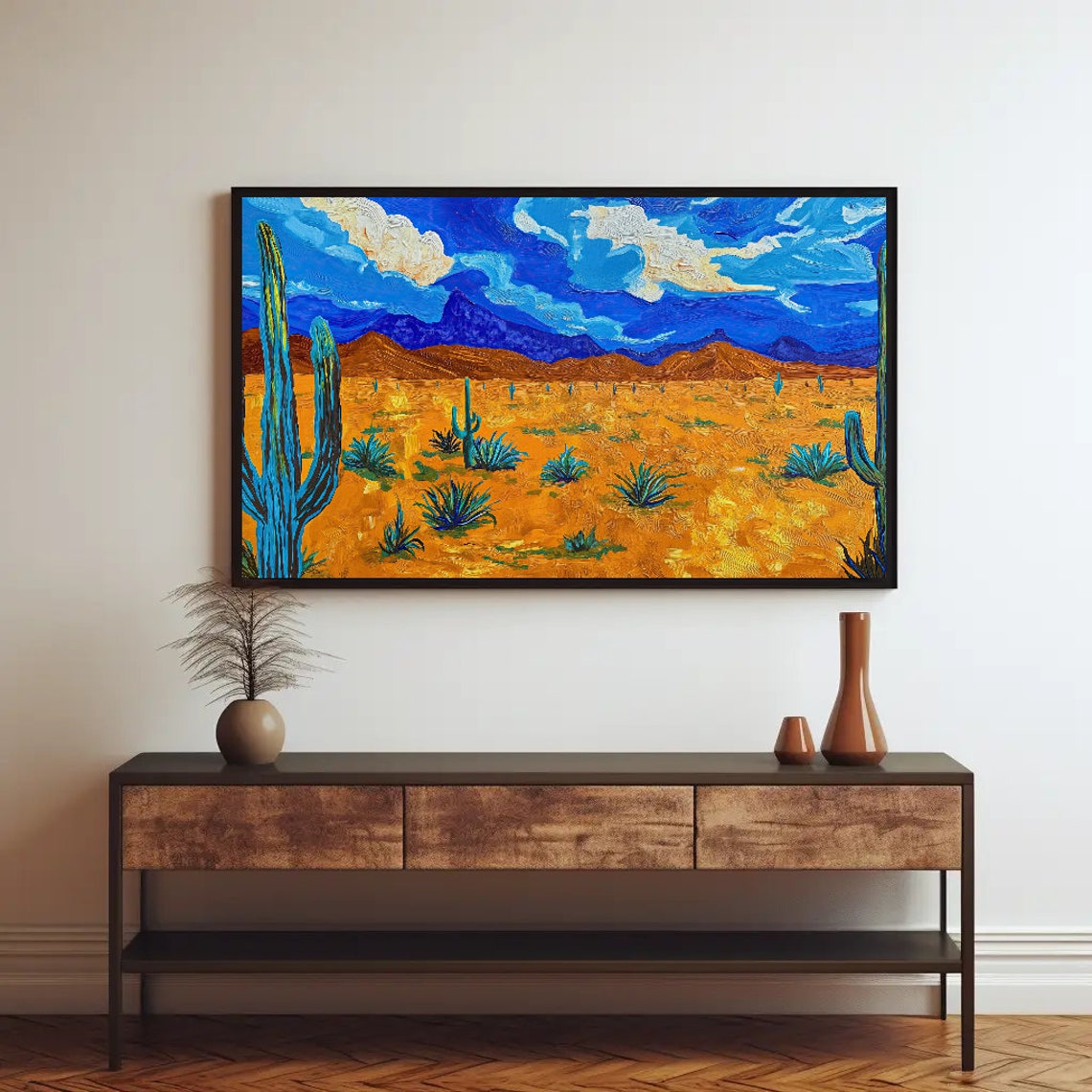 Golden Desert Cactus Field Blue Mountain Impasto Landscape Poster - Image 2