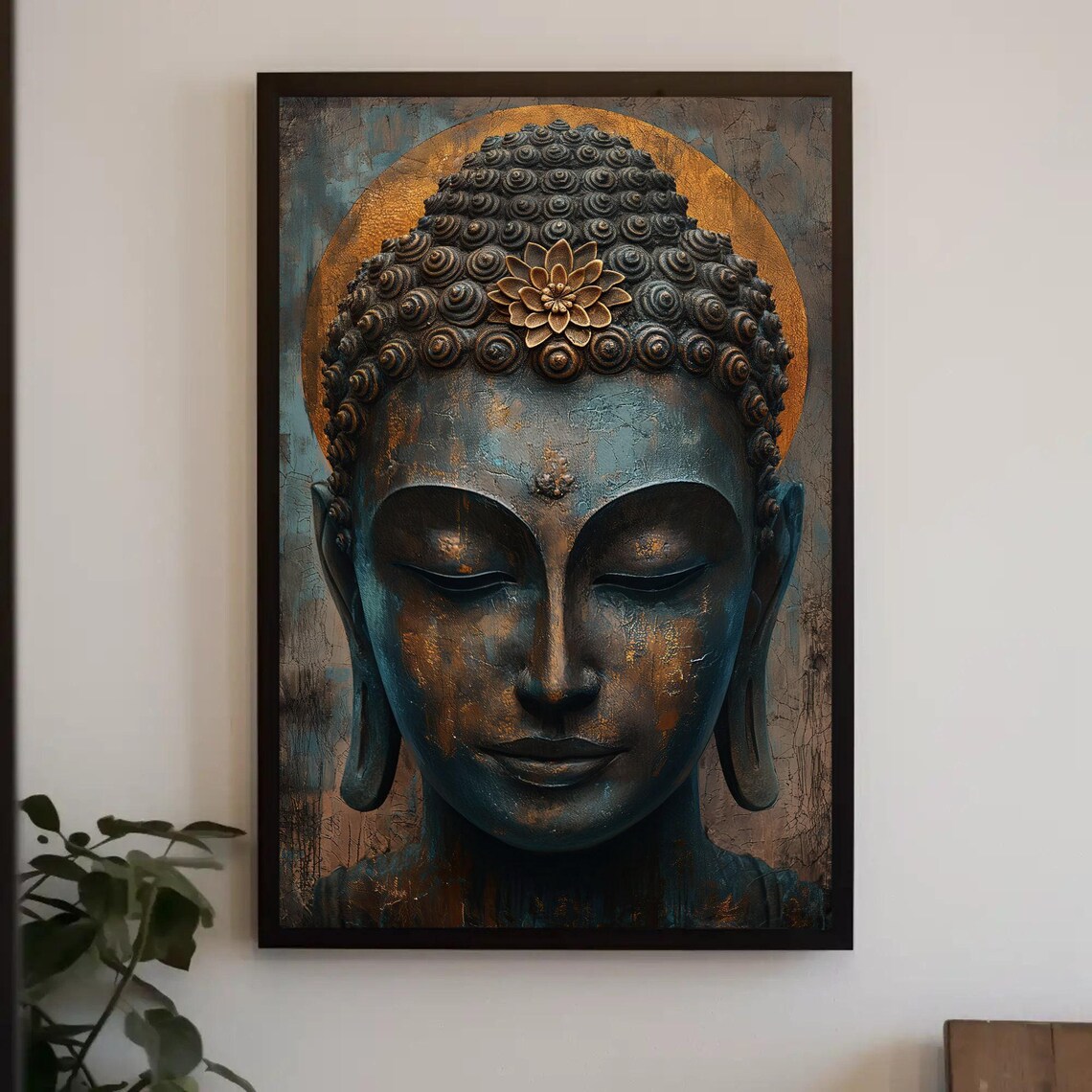 Bronze Buddha Head With Golden Halo Lotus Spiritual Wall Poster
