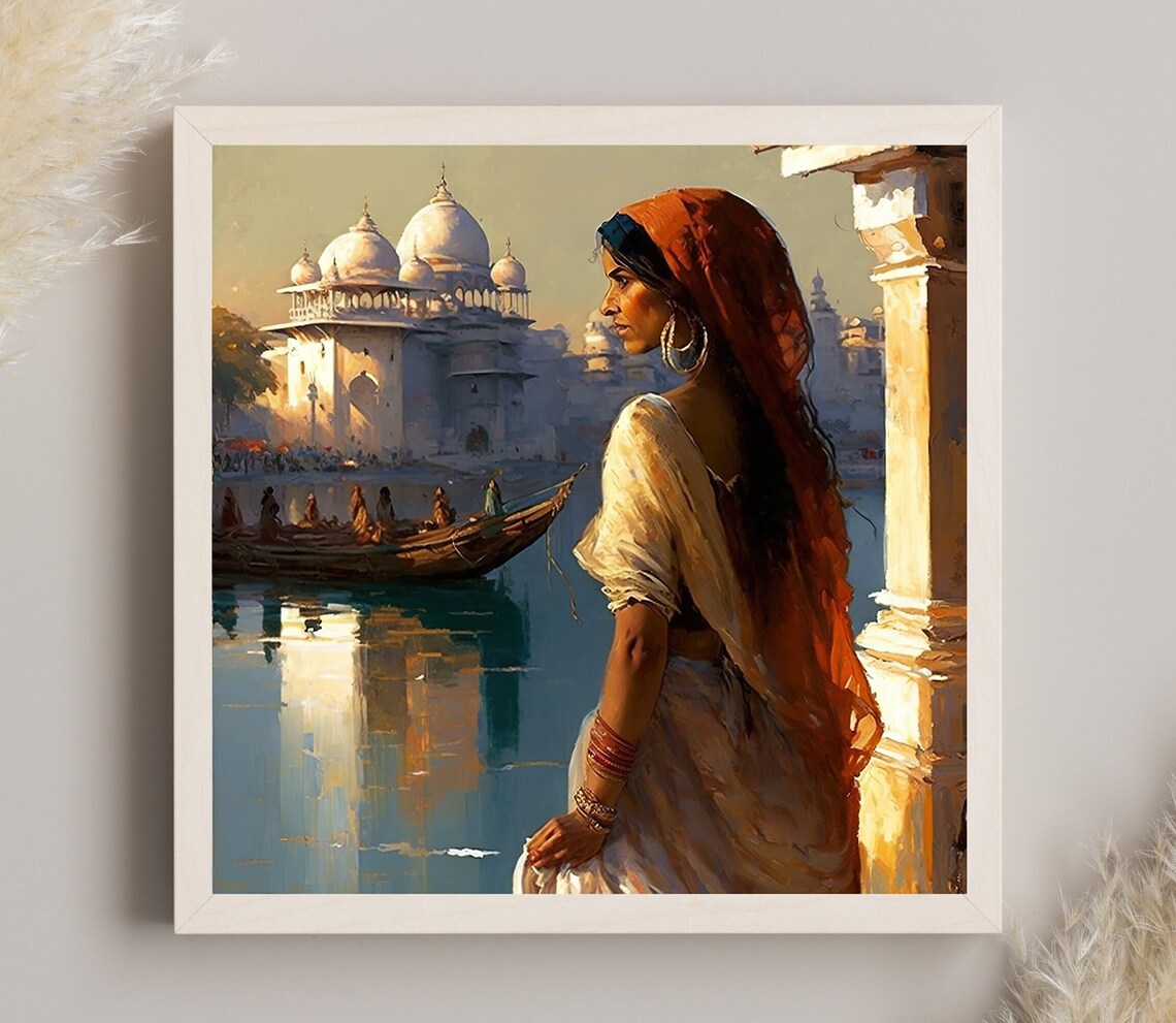 Indian Woman Gazing At River Palace Boat Scene Romantic Art Poster