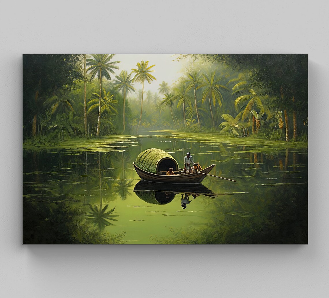 Fishing Boat In South Indian Lake Print Indian Wall Art India Oil Painting Boat In A Lake Large Print