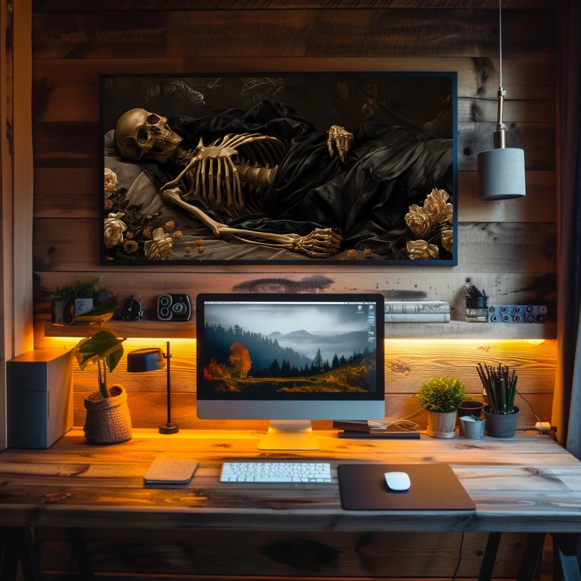 Reclining Golden Skeleton with Roses Gothic Dark Academia Art Poster - Image 2