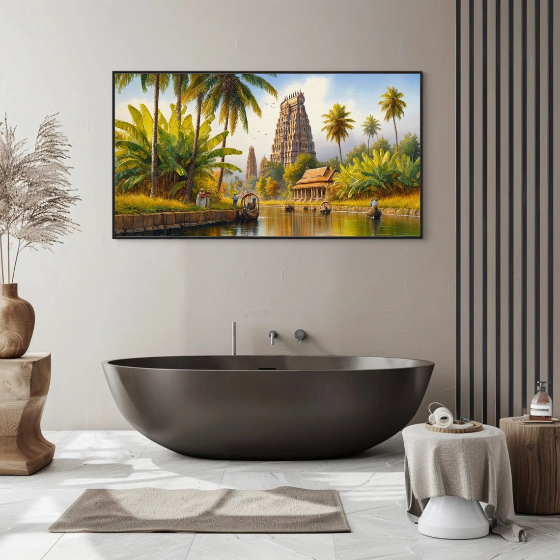 South Indian Temple Tower On Backwater Palms Painting Poster - Image 2