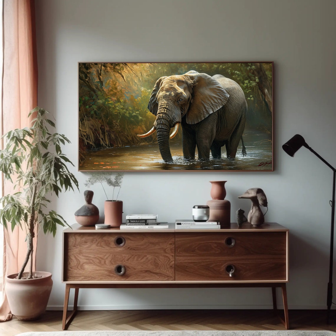 African Elephant Wading River Jungle Wildlife Painting Poster - Image 4