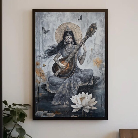 Goddess Saraswati Abstract Painting, Hindu Poster Print