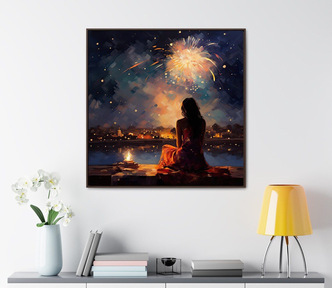 Indian Woman Watching Fireworks Over the Water at Night Poster - Image 3
