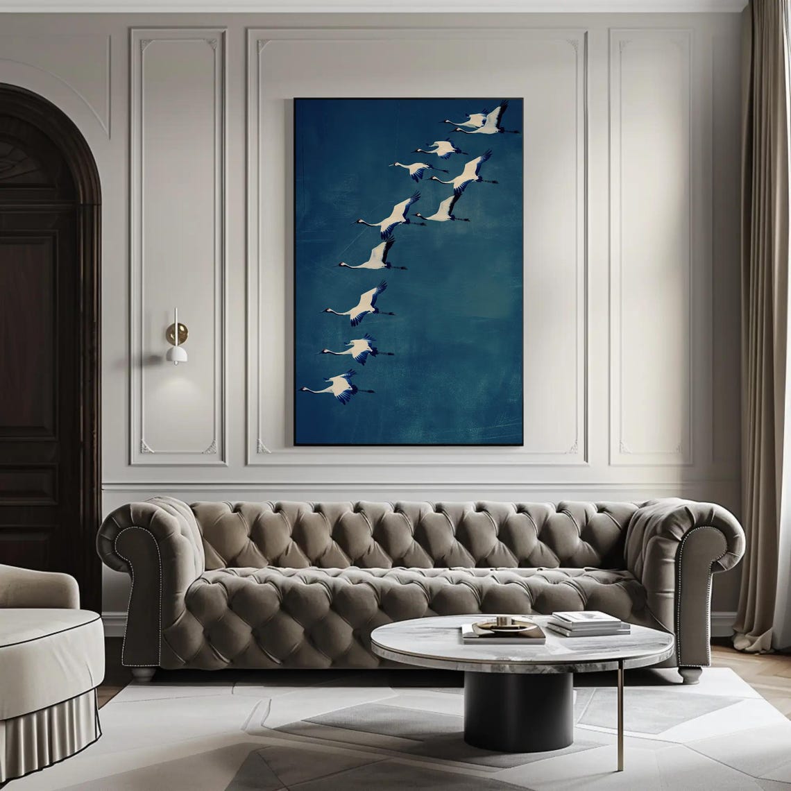 White Cranes Flying in Formation Over Deep Blue Night Sky Poster - Image 3