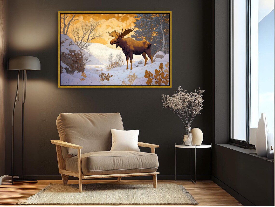 Moose Snowy Winter Glowing Golden Sky Frosted Forest Wildlife Poster - Image 2