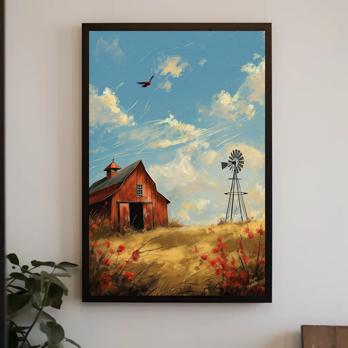 Red Barn Windmill Wheat Field Sunny Farm Landscape Art Poster - Image 4