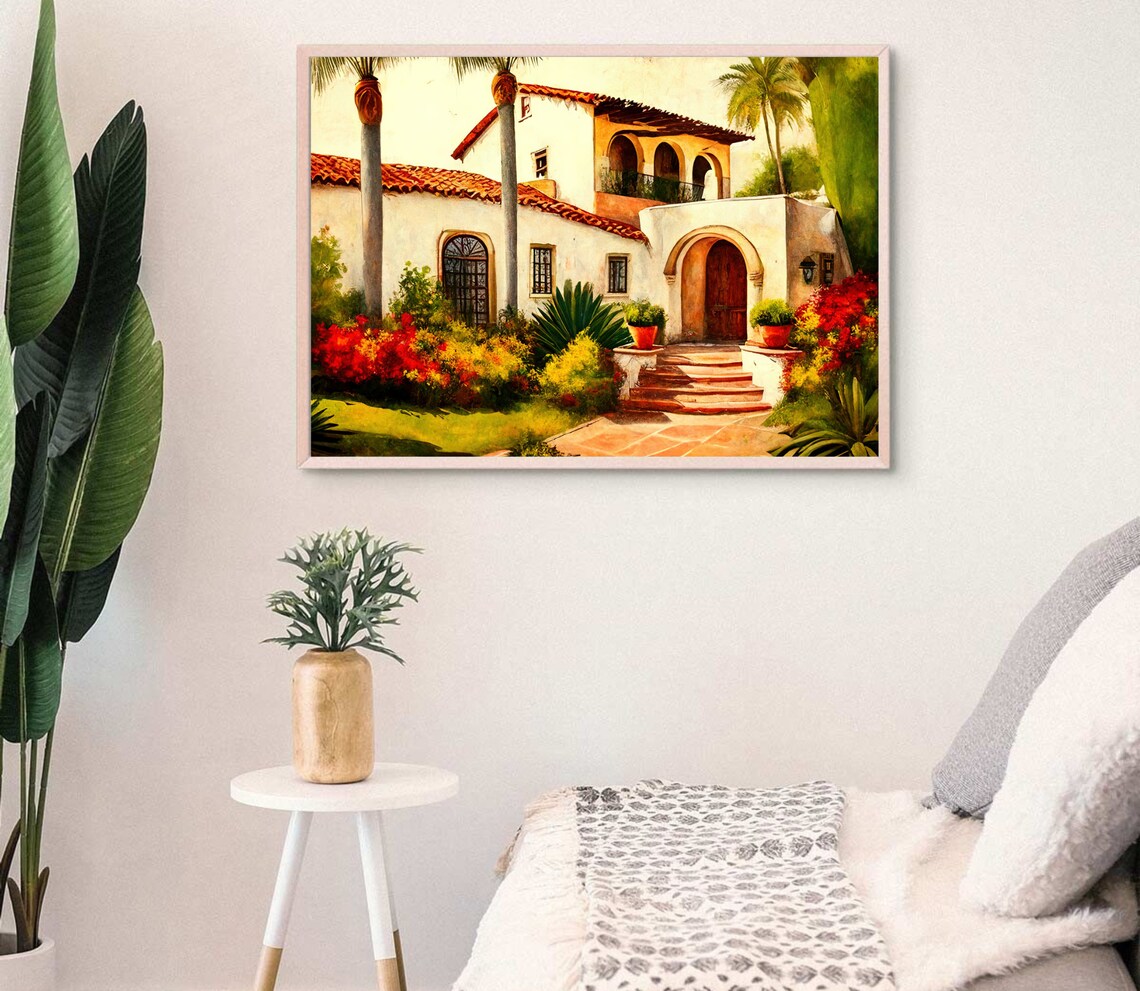 Mexican White Hacienda Red Tile Roof Palm Garden Tropical Art Poster - Image 4