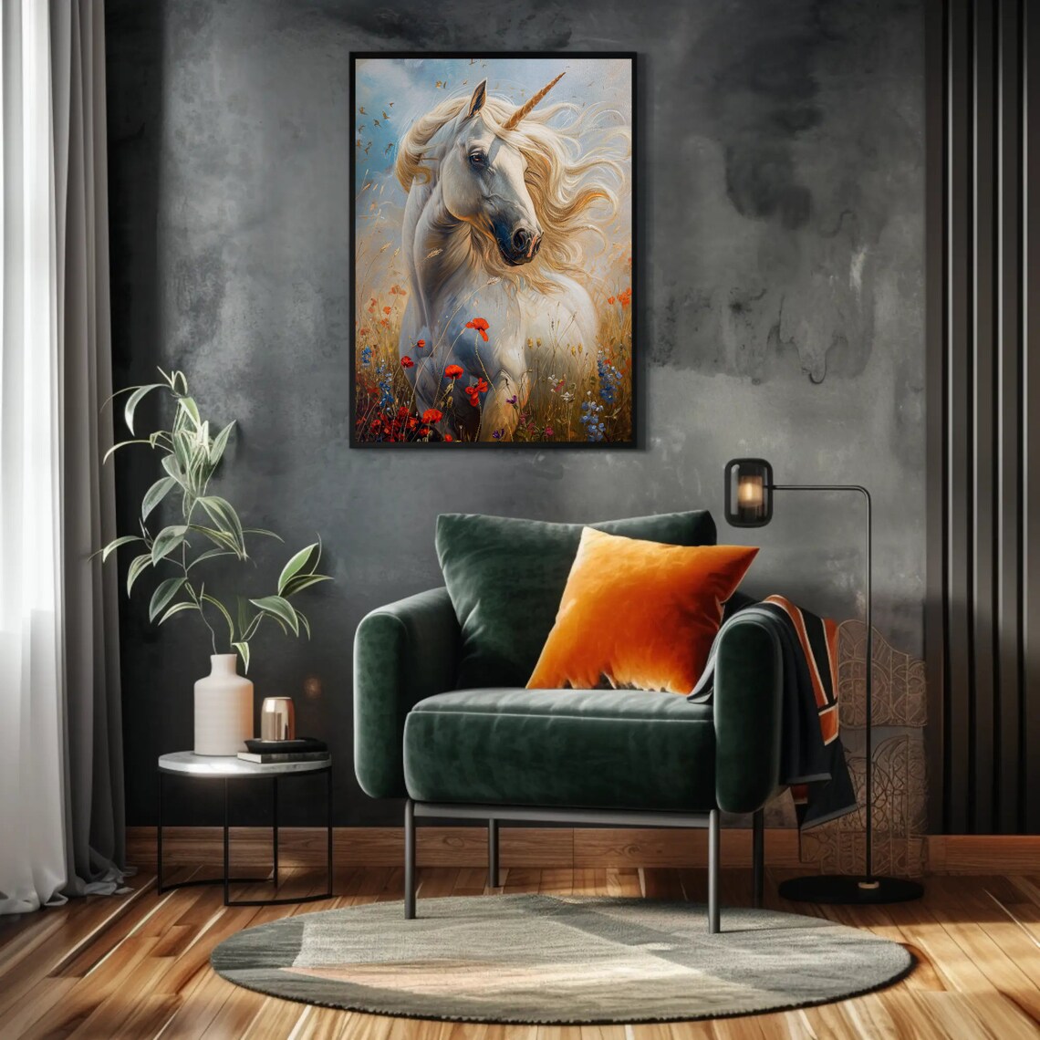 White Unicorn Close-Up Portrait Poster Among Poppies Under Blue Sky - Image 3