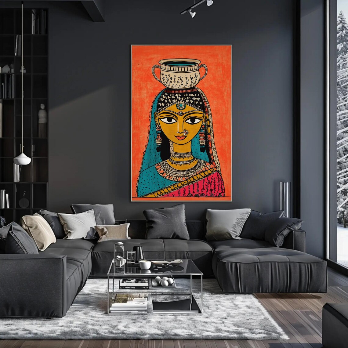 Madhubani Indian Woman Carrying A Water Pot On Her Head Poster - Image 2
