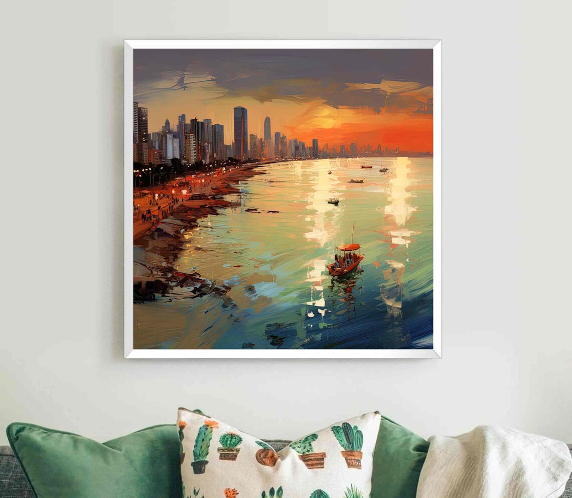 Mumbai Juhu Beach Sunset City Skyline Boats on Water Art Poster - Image 5