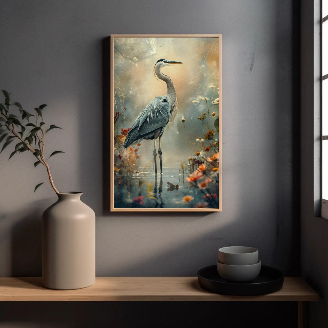 Great Blue Heron In Misty Wetland With Wildflowers Art Poster - Image 5