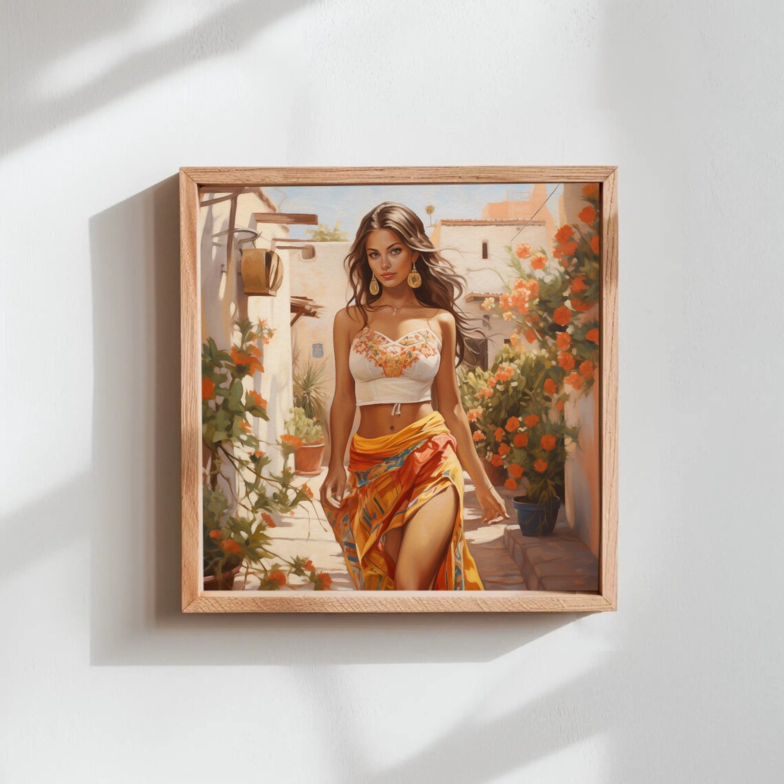 Sunlit Mexican Woman Strolling a Flower Filled Village Alley Poster - Image 3