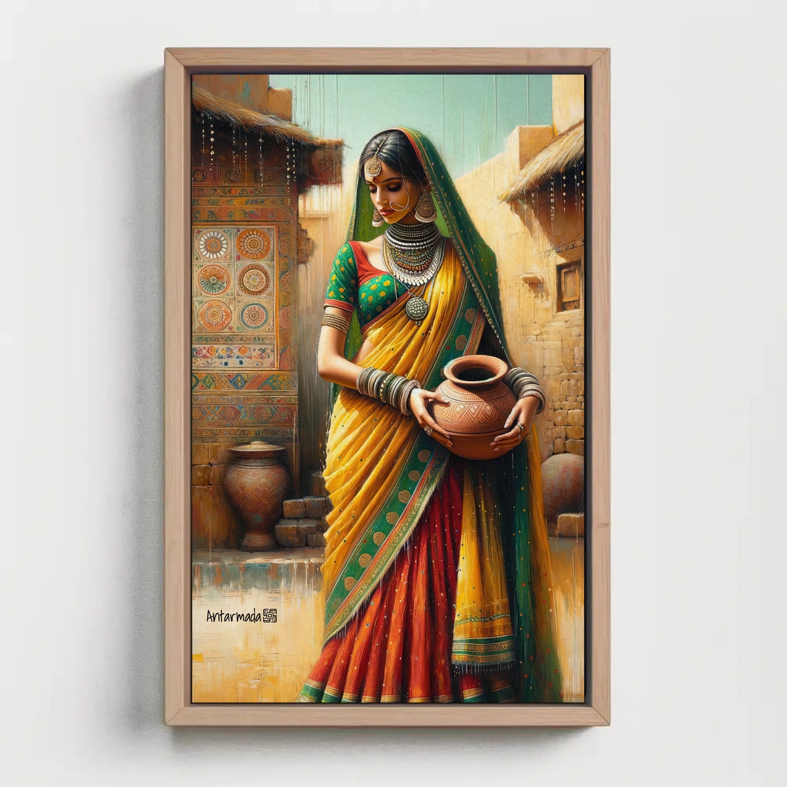 Traditional Indian Woman Holding A Pot Portrait Painting Indian Living Room Decor Desi Wall Art South Asian Painting Framed Print - Image 5