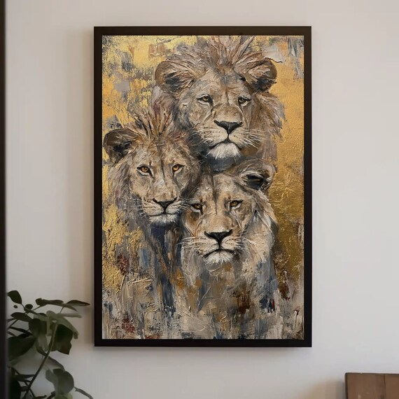Lion Family Portrait in Gold Oil Painting Wildlife Wall Poster