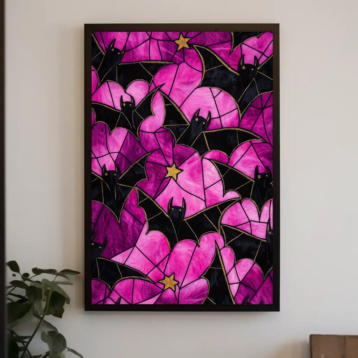 Pink Stained Glass Bats With Gold Stars Halloween Gothic Poster