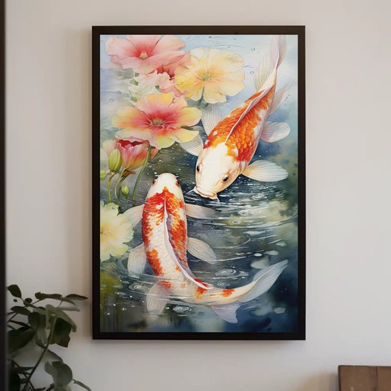Koi Fish Large Decor Japanese Decor Print Koi Fish Print Housewarming Wedding Gift Framed Vertical Decor Ready To Hang