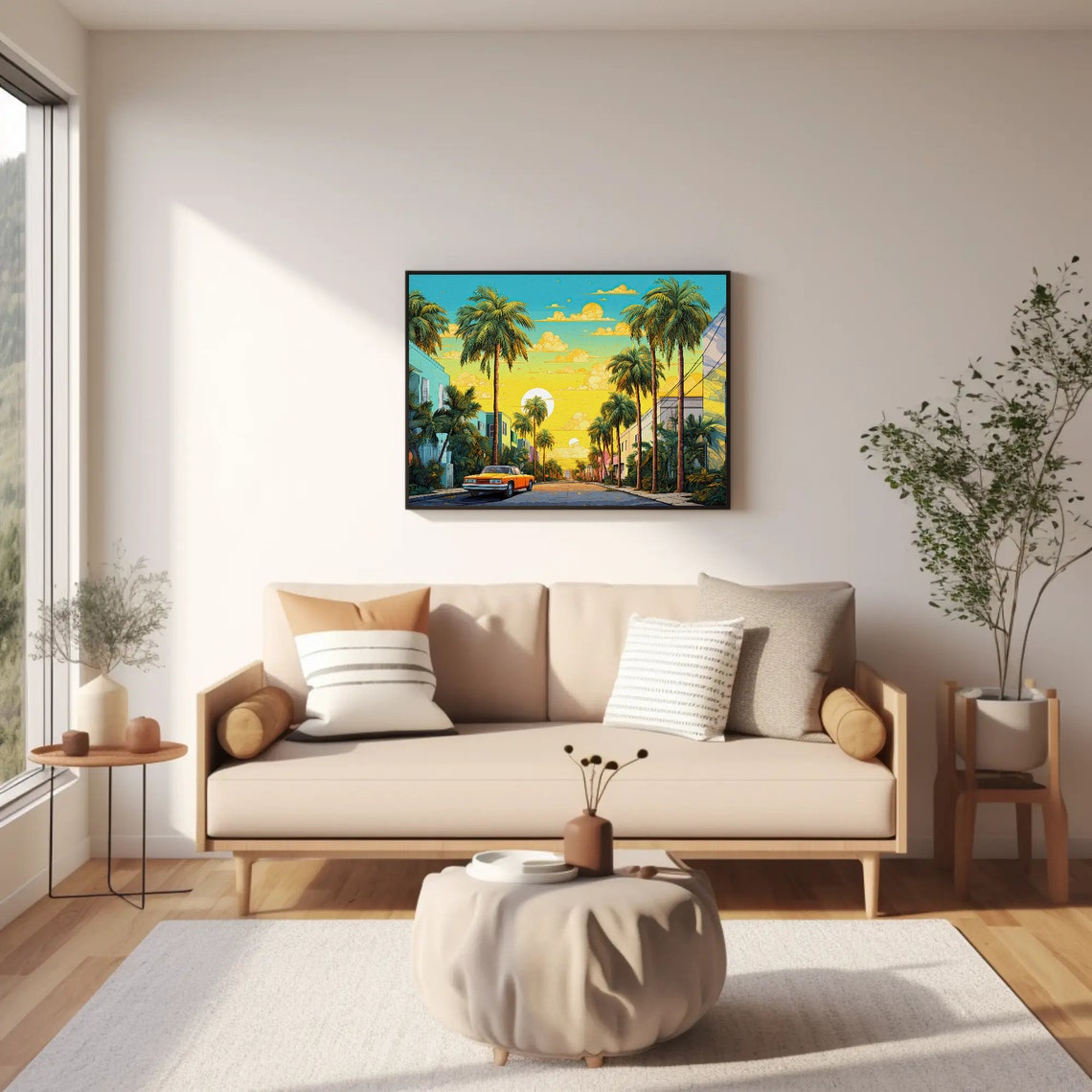 Miami Palm Street Sunset With Classic Car Retro Pop Art Poster - Image 2