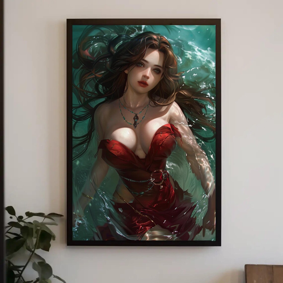 Anime Woman in Red Dress Swimming in Teal Water Fantasy Art Poster