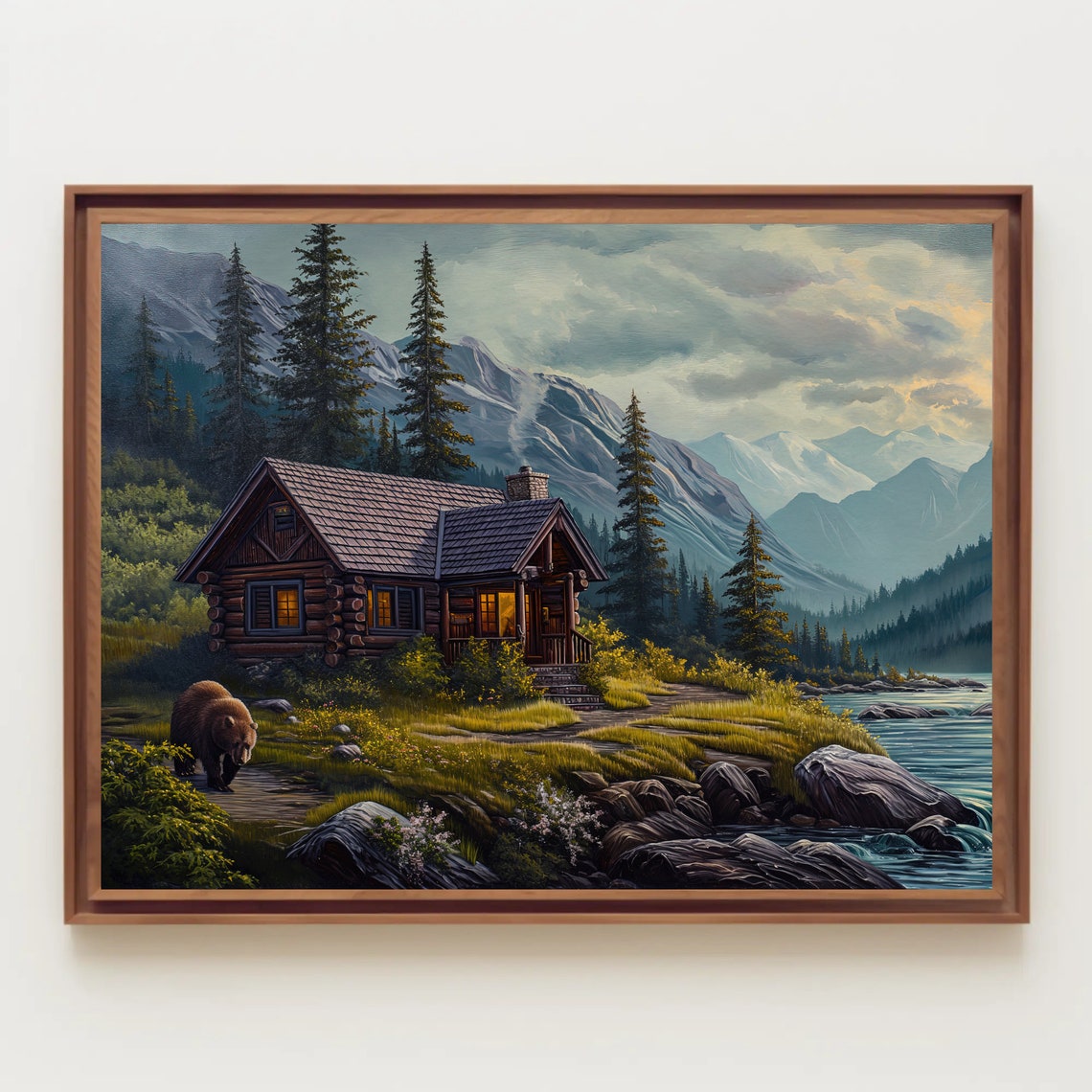 Log Cabin by River with Bear and Mountain Peaks Painting Poster - Image 5