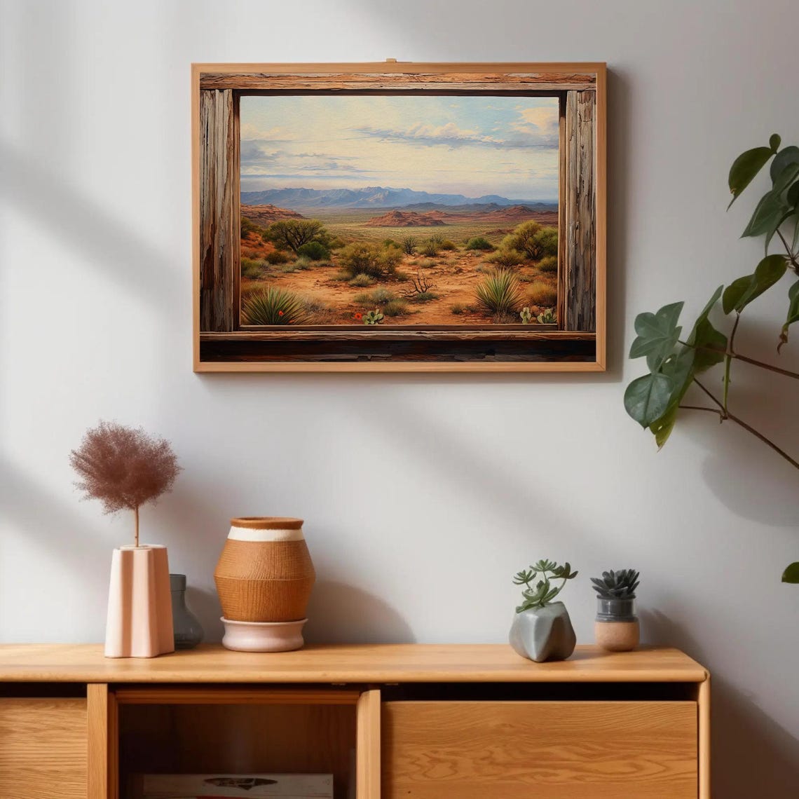 Southwest Desert Valley View Framed by Rustic Wooden Window Poster - Image 3