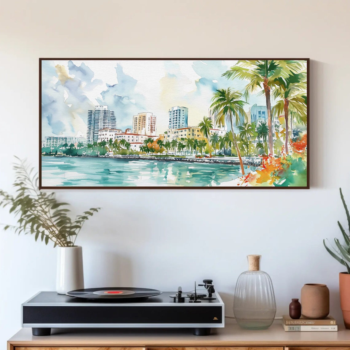 Miami Beach Palm Trees Waterfront Watercolor Sunny Skyline Poster