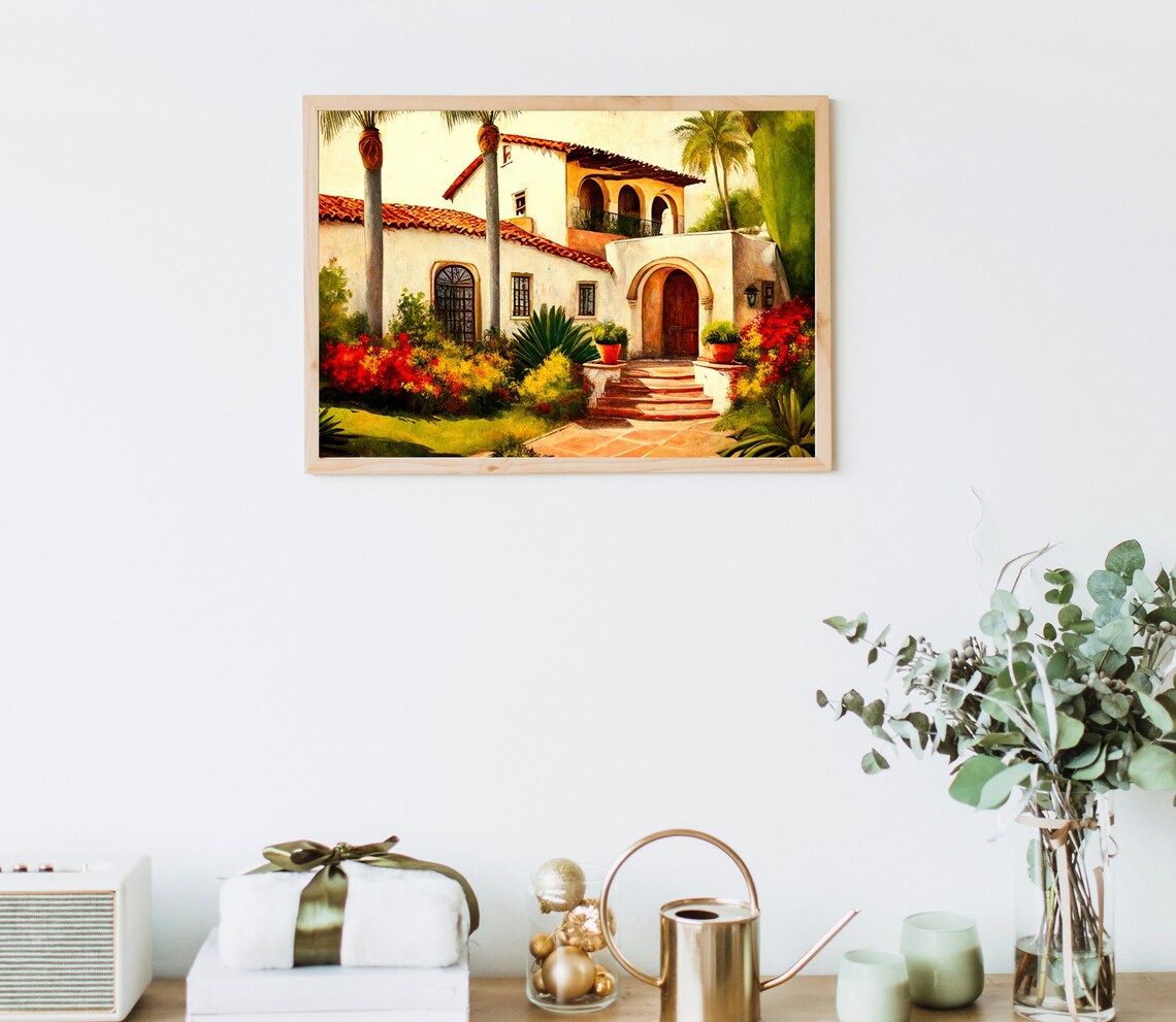 Mexican White Hacienda Red Tile Roof Palm Garden Tropical Art Poster - Image 5