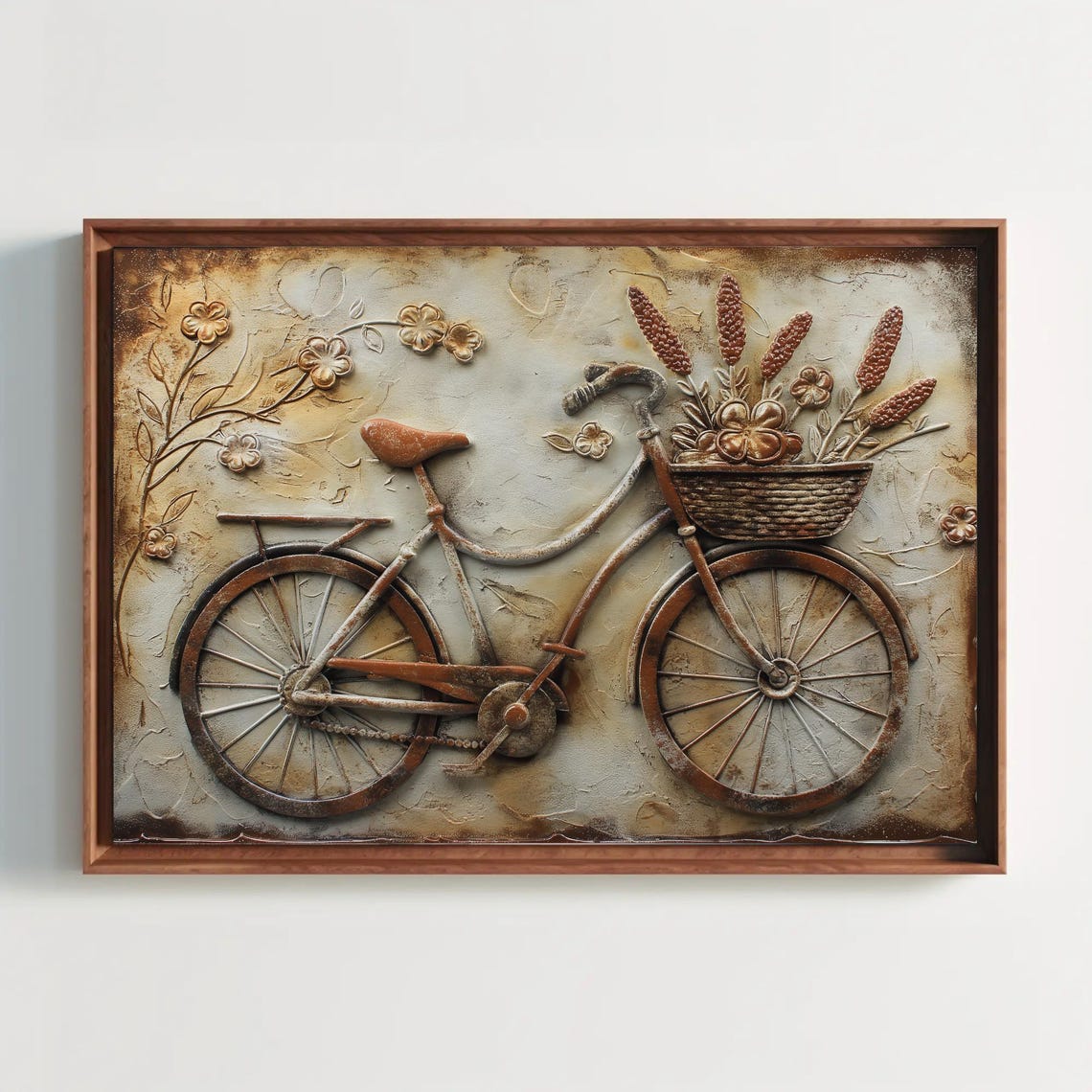 Vintage Bicycle With Flower Basket Rustic 3D Relief Art Poster