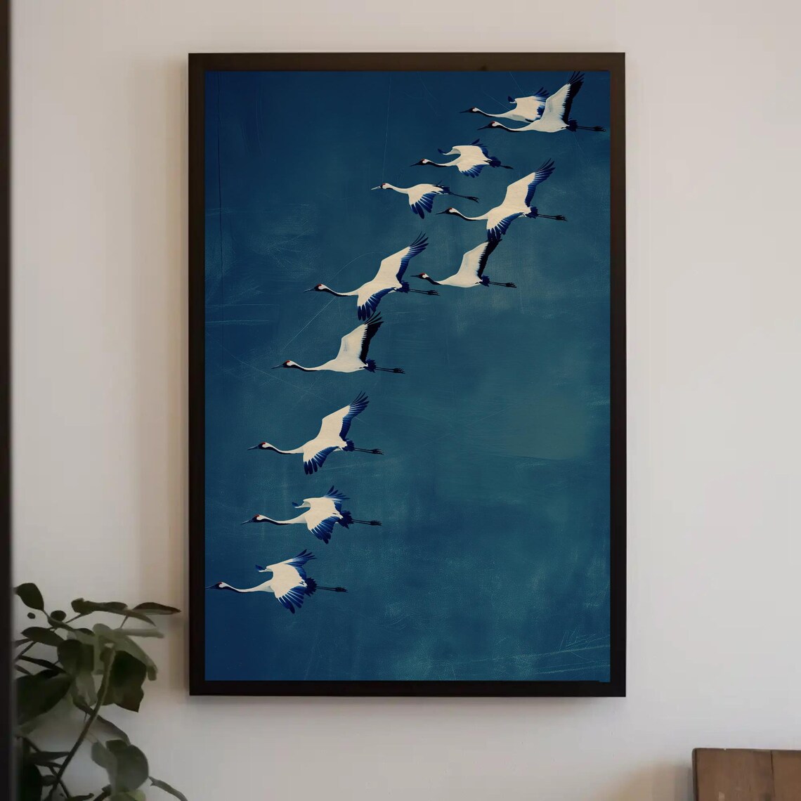 White Cranes Flying in Formation Over Deep Blue Night Sky Poster
