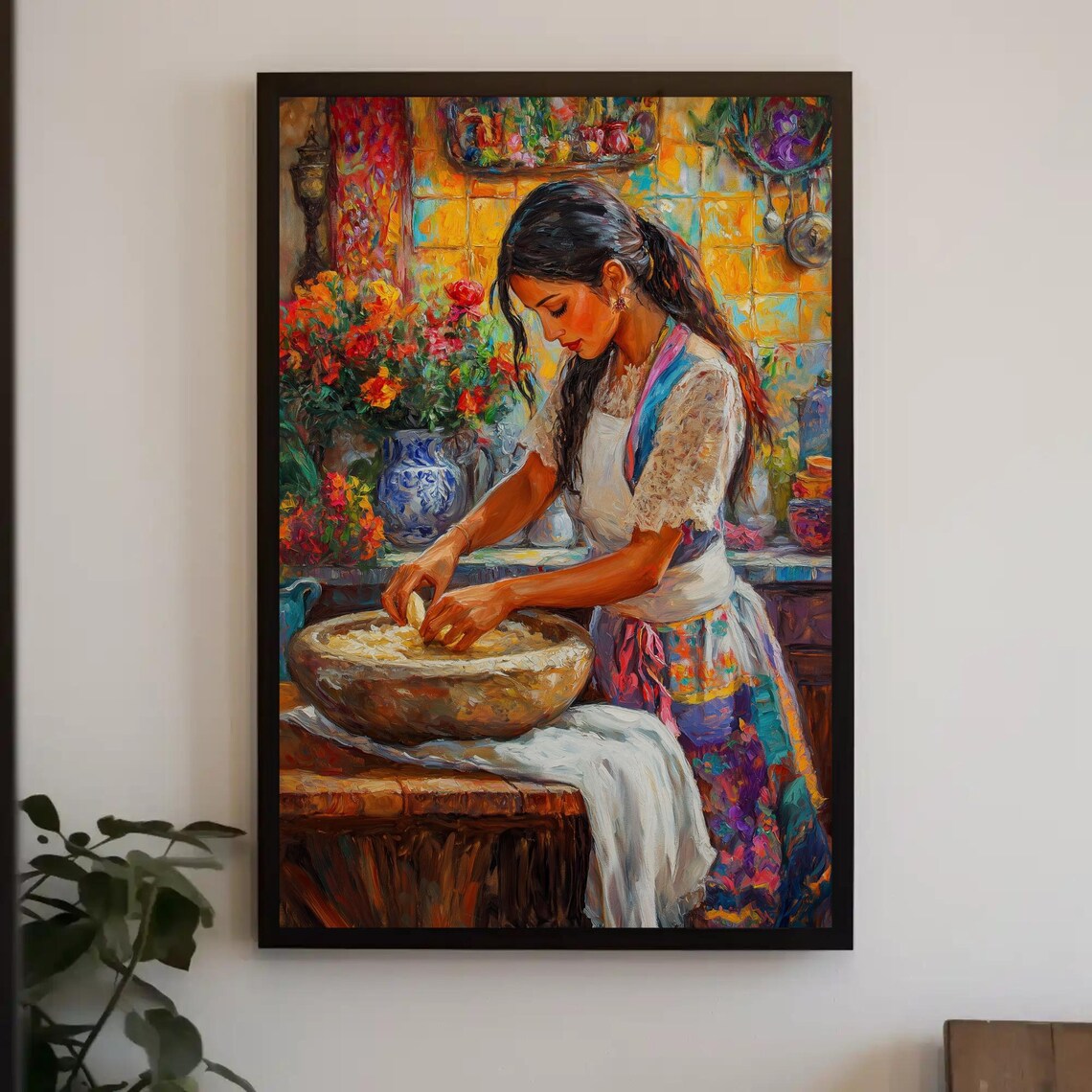 Mexican Girl Cooking Print, Traditional Kitchen Art