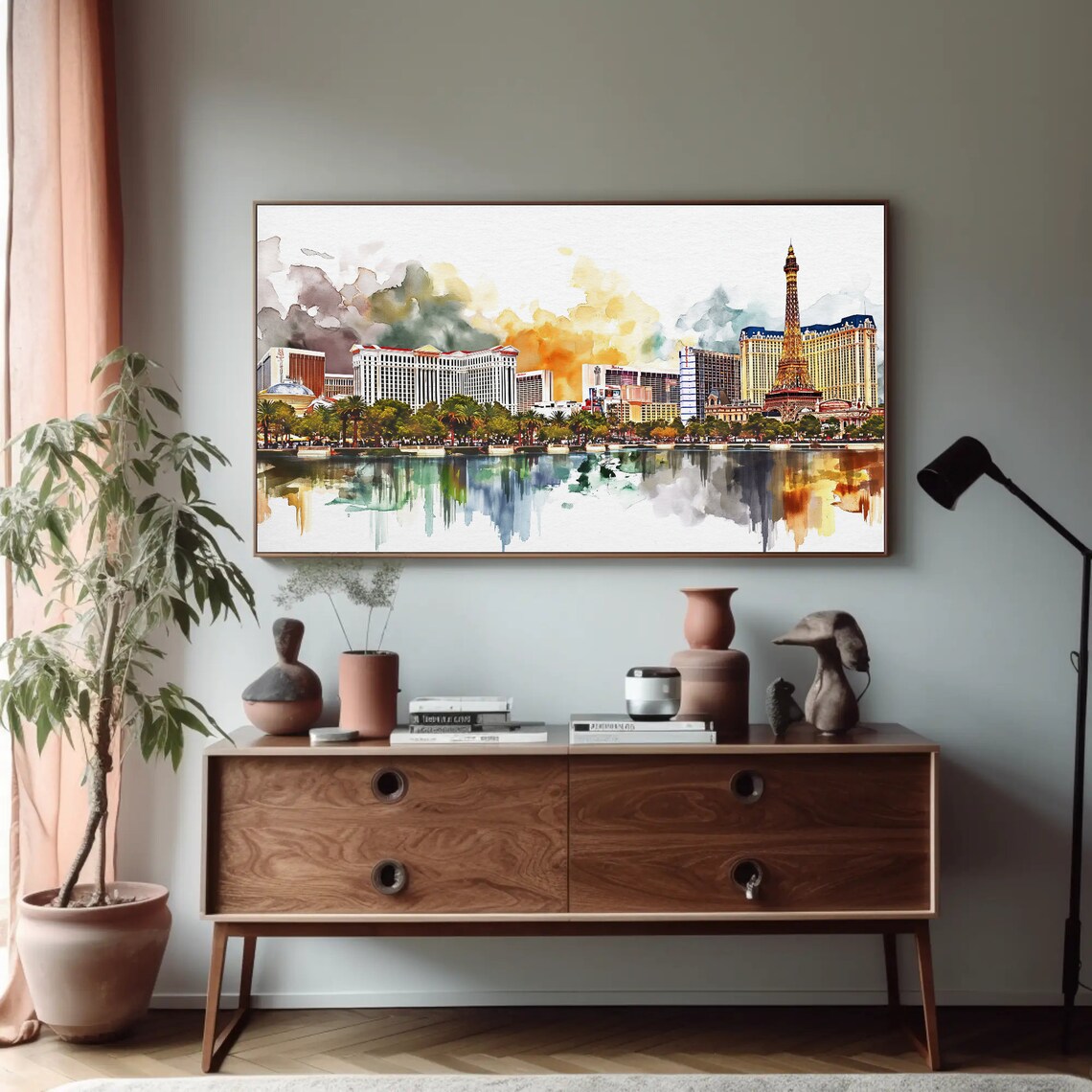 Las Vegas Strip Watercolor Skyline Night Fountain Reflection Poster - Image 4