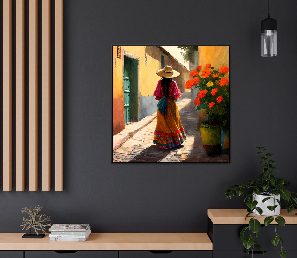Mexican Woman In Folk Dress Marigold Alley Sombrero Art Poster - Image 3