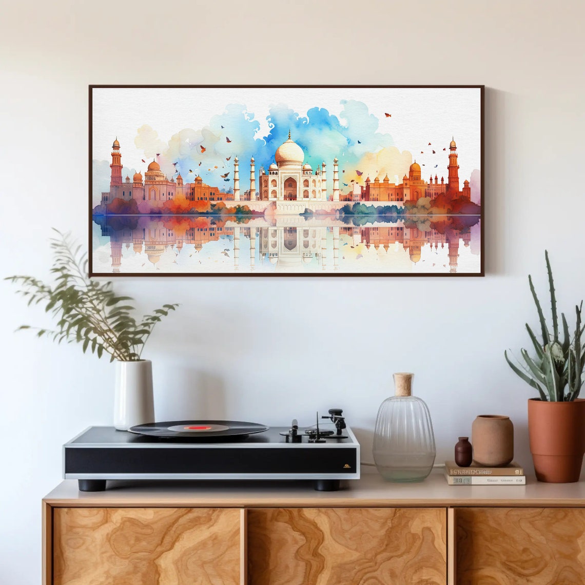 Taj Mahal Watercolor Panorama with Mirrored River Reflection Print